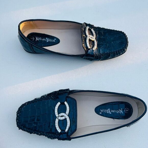 Black Patent Faux Leather Crocodile Flat Loafer, Silver Buckle Size 8 - Picture 3 of 6